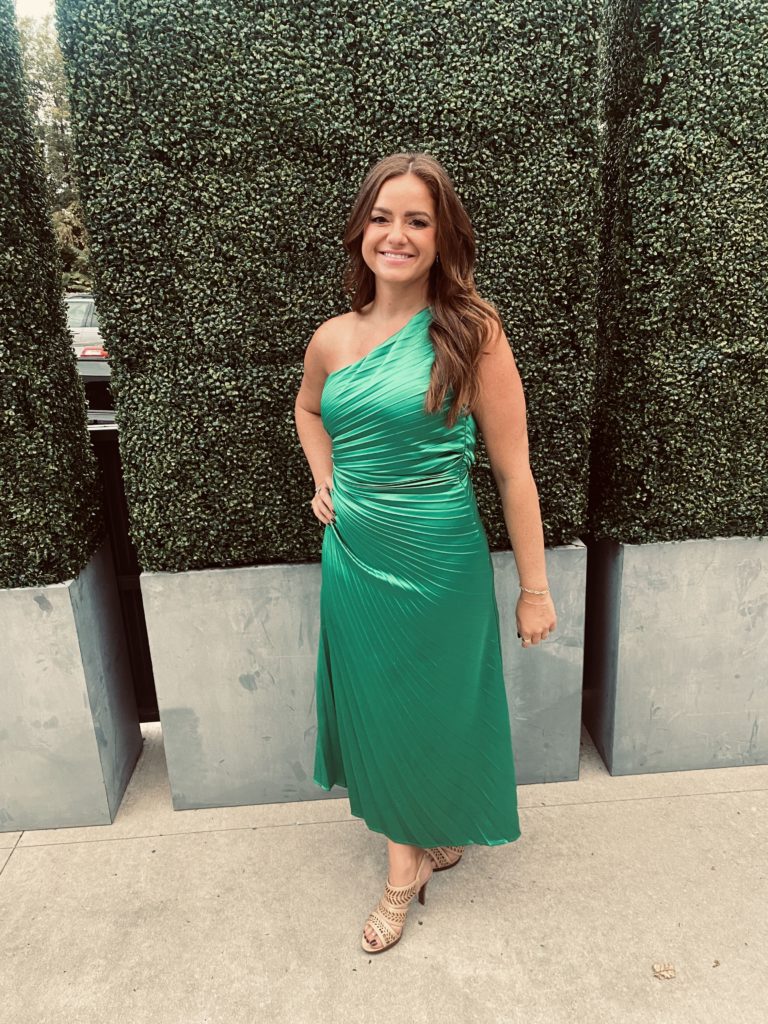 Jen Lewis in green dress
